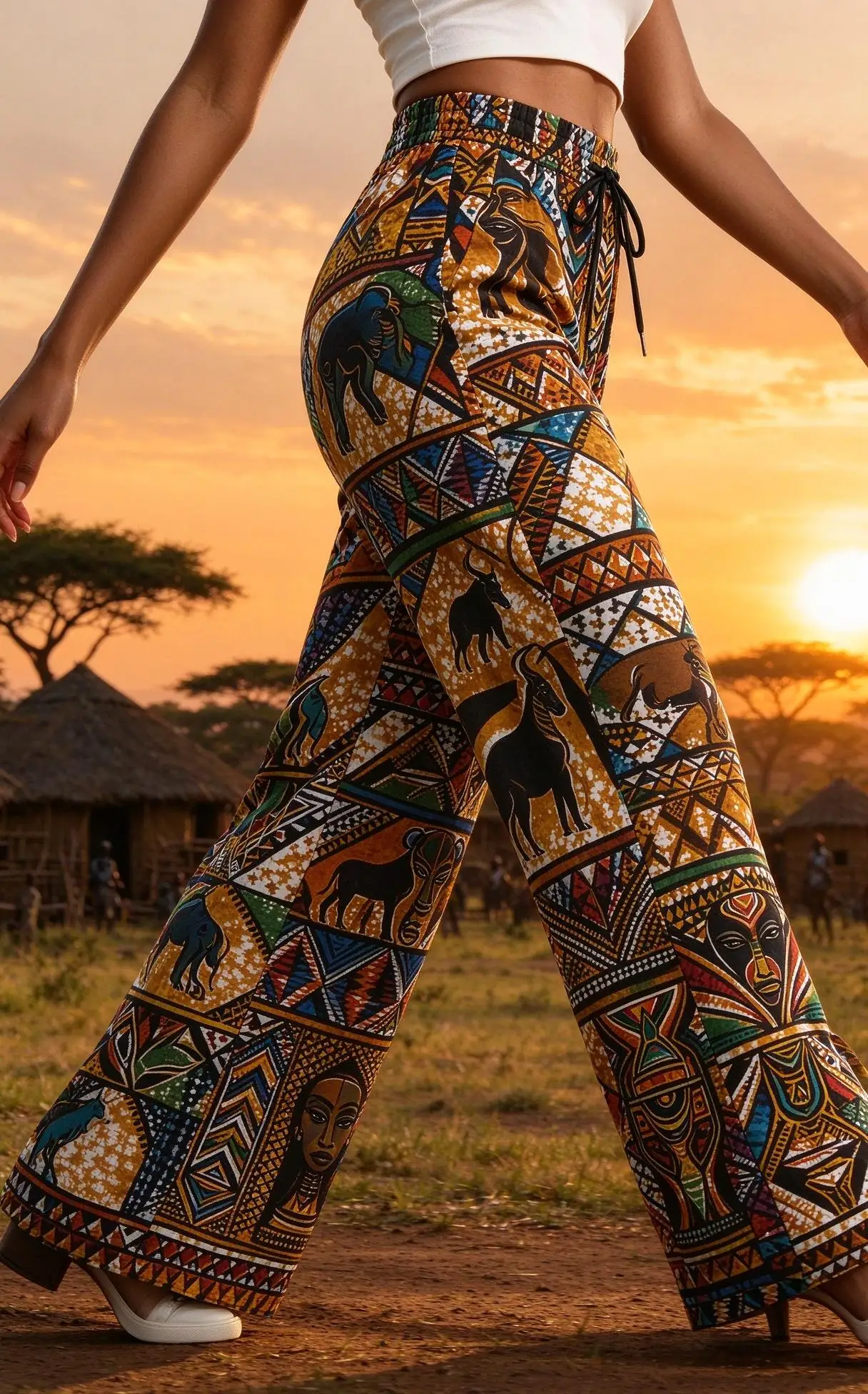 Women Drawstring Wide Leg Pants African Tribal Animal Geometric Print Loose Bohemian Vacation Trousers