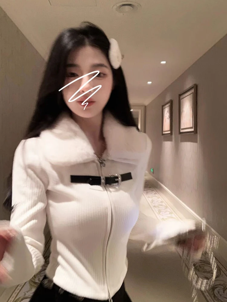 Korean Fashion Fluffy Patchwork Cropped Cardigan Turn Down Collar Long Sleeve Knitted Slim Y2k Aesthetic Zipper Sweater