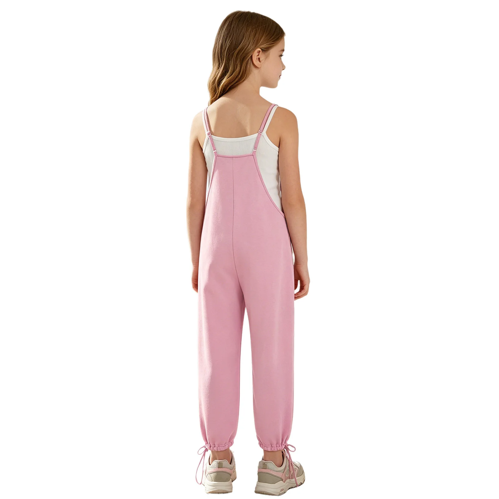 Kids Girls Adjustable Spaghetti Straps Jumpsuit Sleeveless Drawstring Hem Romper Overalls with Pockets Teens School Casual Pants