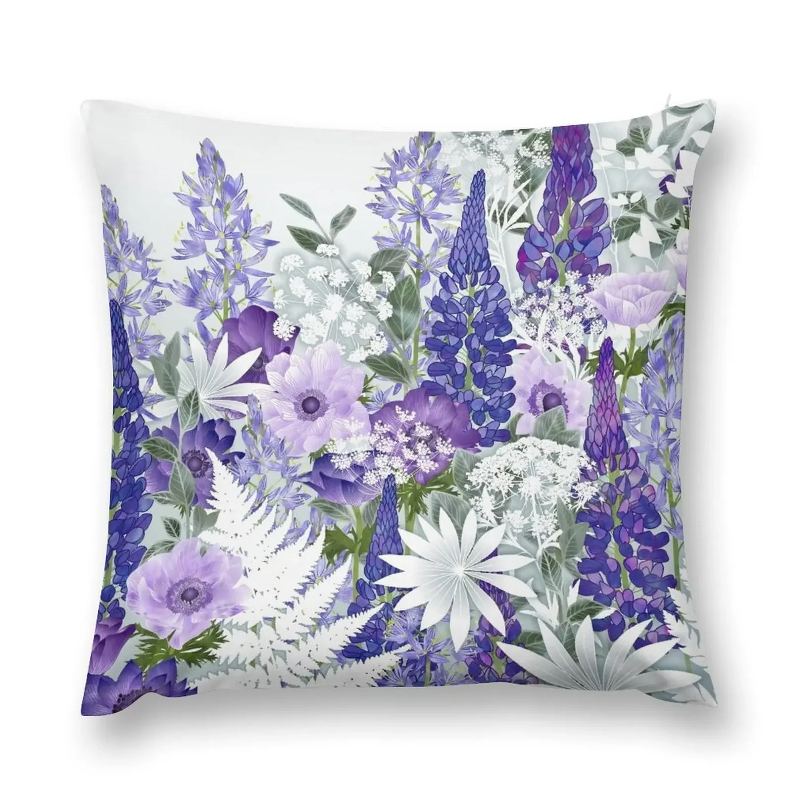 Blue Flower Garden - Lupins, Anemones, Camassia, Ammi Throw Pillow Christmas Pillow Cases Bed pillowcases pillow