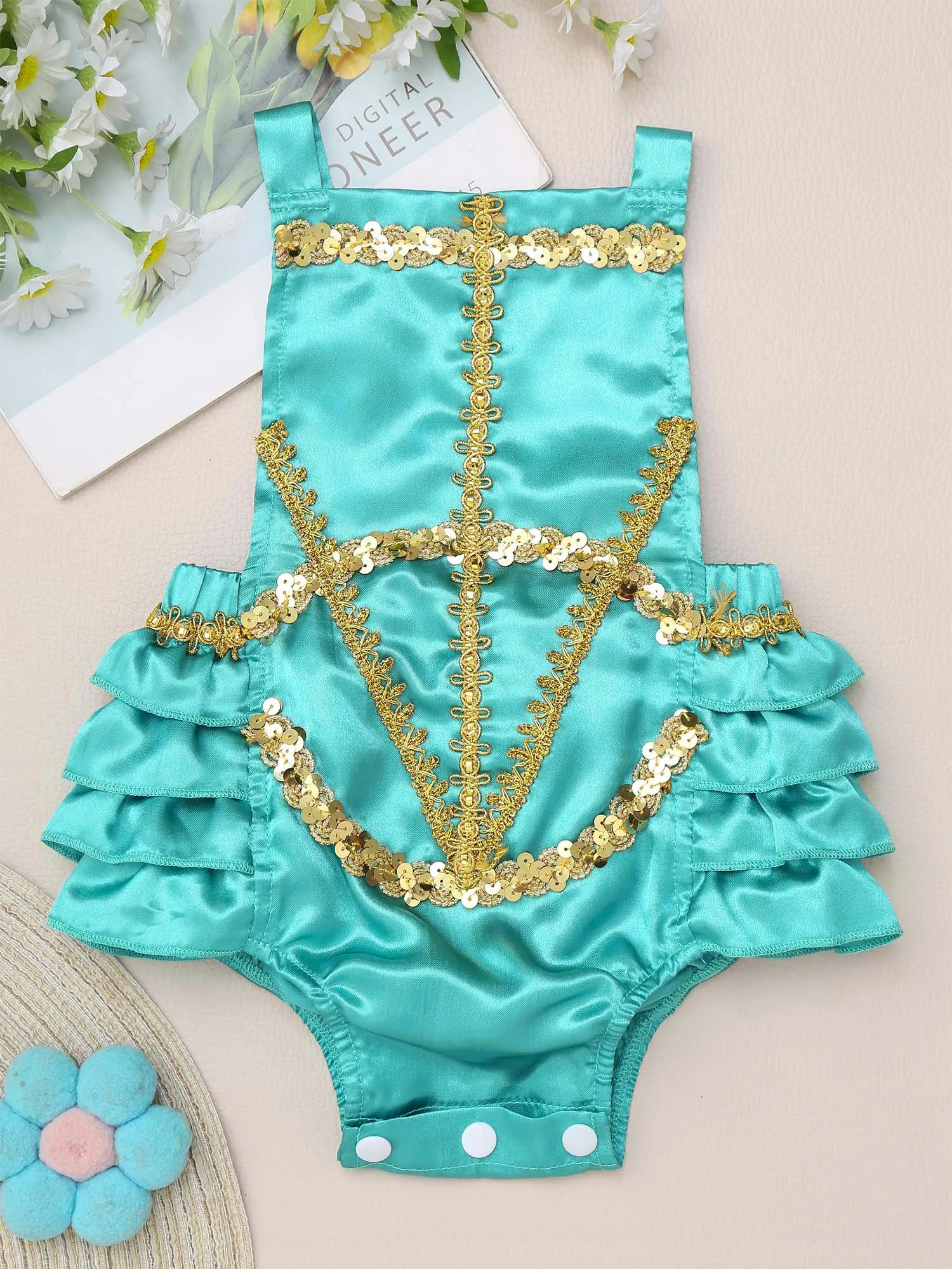 0-2T Girls Arabian Princess Romper Halloween Cosplay Costume Sleeveless Backless Shiny Sequins Bodysuit Photography Clothes image 3