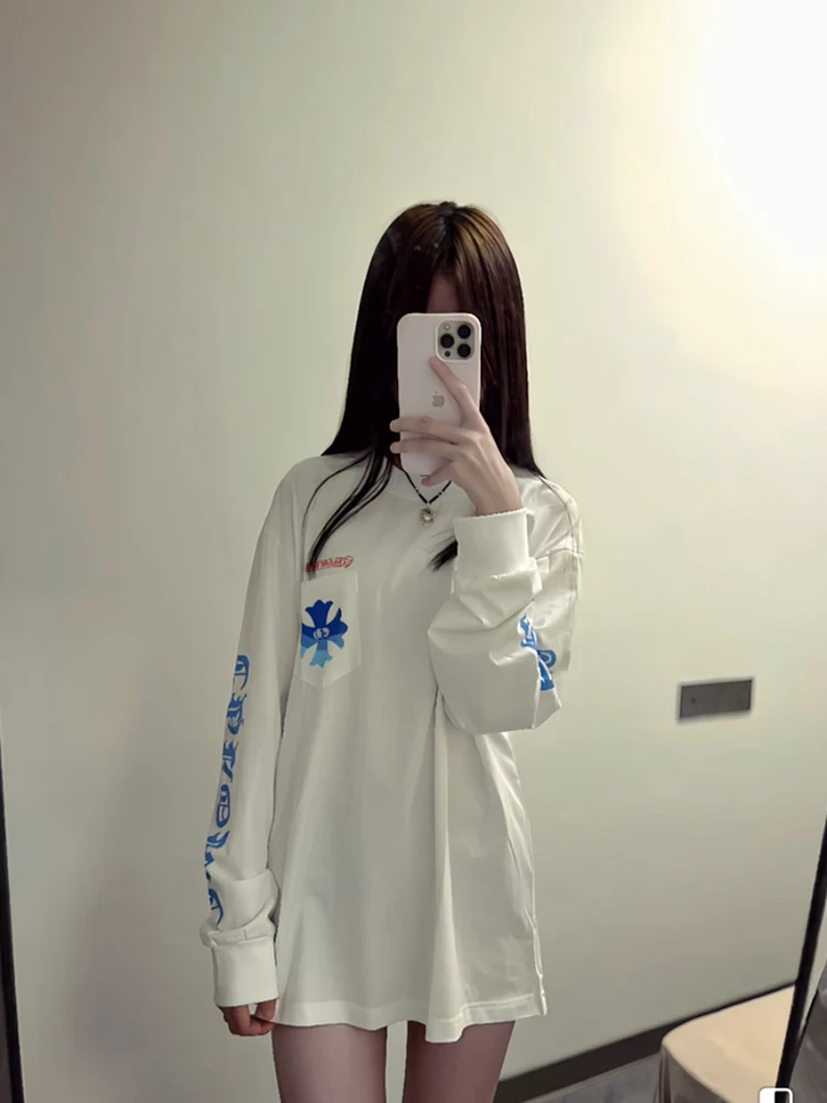 Street Sle Punk Cross Print Long Sve T-irt Women's Loose Casual Base irt Top Cotton Material Autumn Faion Trend