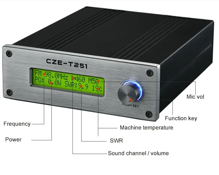 Pemancar FM CZE-T251, pemancar FM 0-25w dapat disesuaikan 87-108MHz Stereo Mono stasiun siaran PLL