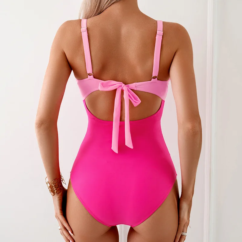 Cikini-One Piece Swimsuit for Women, Colored, Folded Waist, Sexy, Small V-neck Swimwear, Summer Beachwear, Bathing Suit