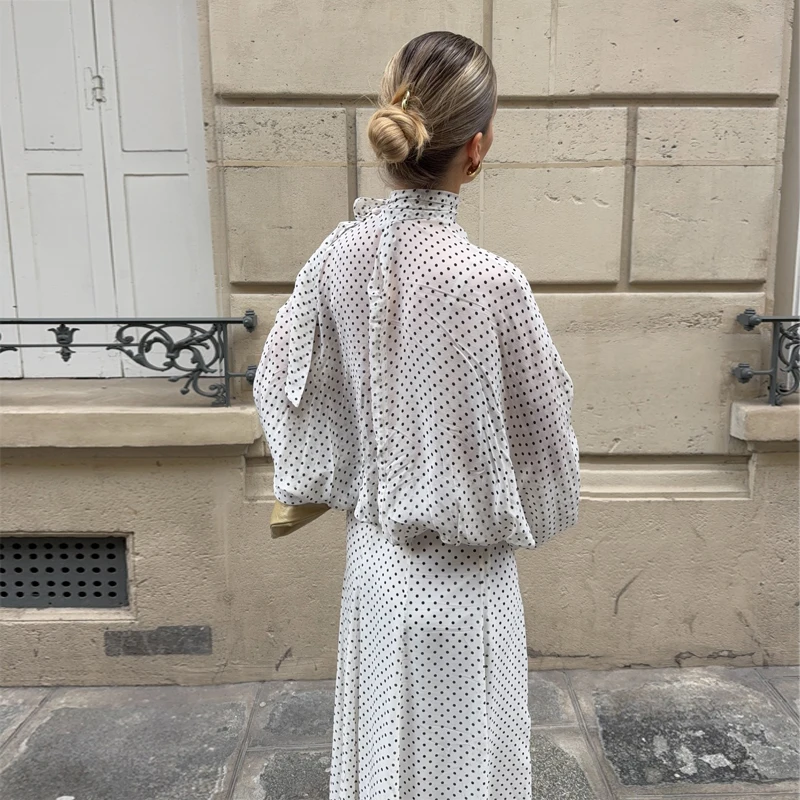 MUJER Polka Dot Blouses Woman Semi Sheer Women's Blouses and Skirts Set Holiday Beach Tops for Women Long Sleeve Casual Blouses