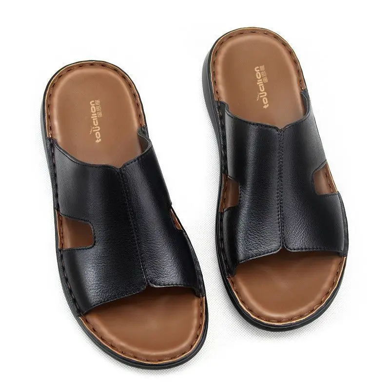 

2026 Handmade Men's Leather Slippers Summer Wear Non-slip Simple Flip-flops Male Soft Sole New Designer Slipper Luxury Shoes Man