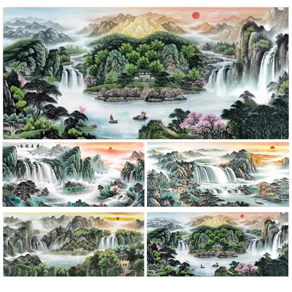 Chinese Art Landscape Diamond Painting High Mountains Flowing Water Sunrise Scenery Cross Stitch Home Decor 5d Diamond Painting