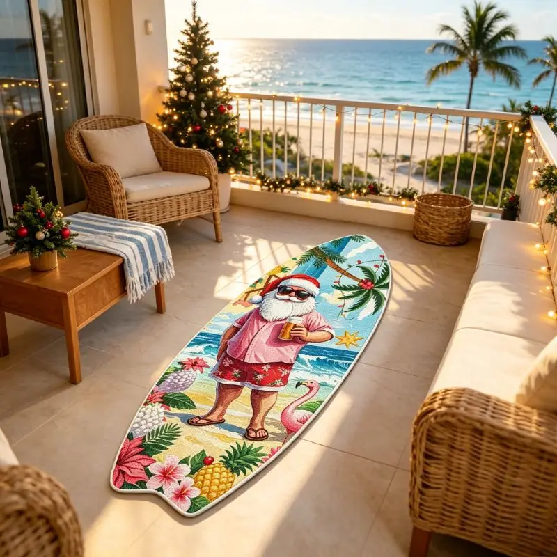 VIKAMA Soft Bedside Mat Non Slip Christmas Santa Surfboard Floor Rug For Bedroom Tropical Beach Cozy Carpet Home Decor