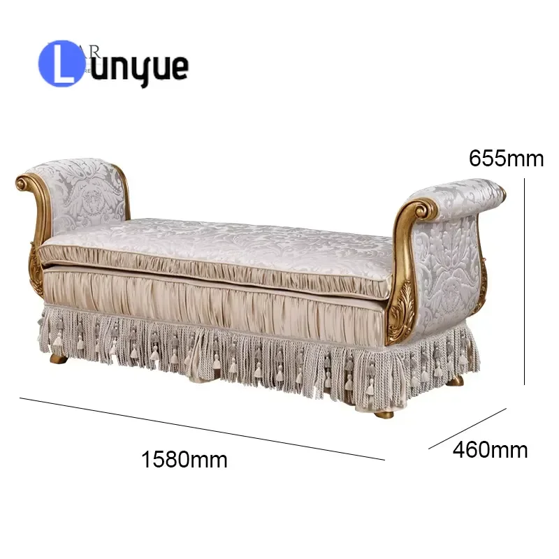 Luxury French Style Solid Wood Carved Flower Bedside Bench Antique Classic Fabric Upholstered Bedroom Furniture End of Bed