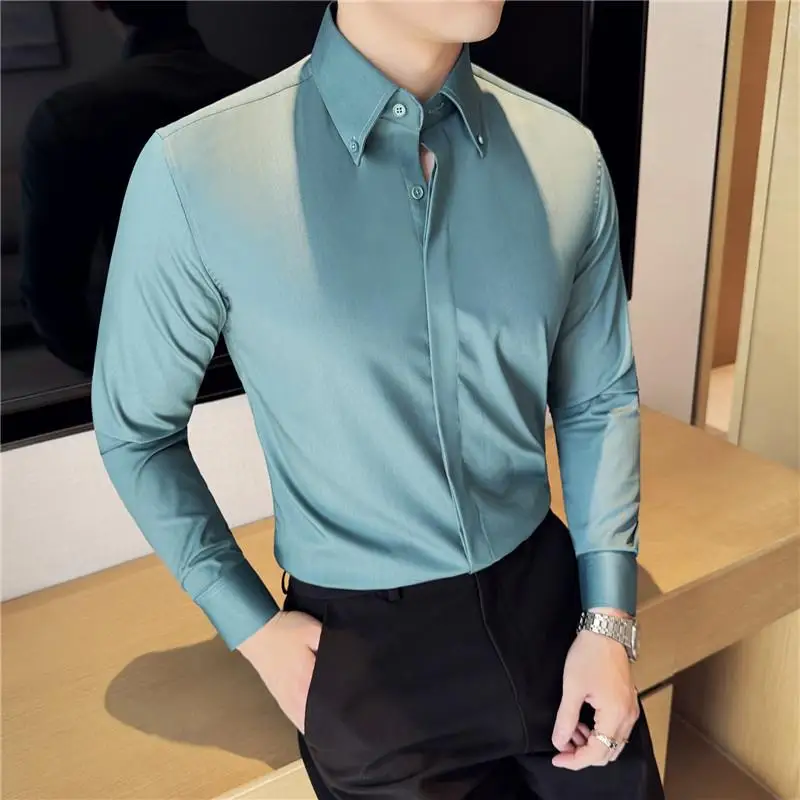 High Quality Bamboo Fiber Fabric Men's Shirt Fashion Big Collar Men Plain Color Business Formal Wear Slim Fit Prom Tuxedo 4XL-M