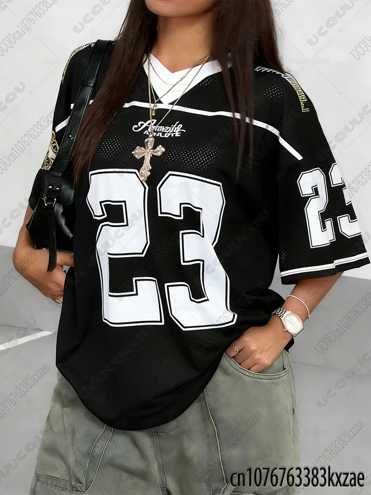 2026 Summer Black Speed 23 Printed T-Shirt For Women V-Neck Short Sleeve Sports Football Jersey Y2K Loose Oversized Tops