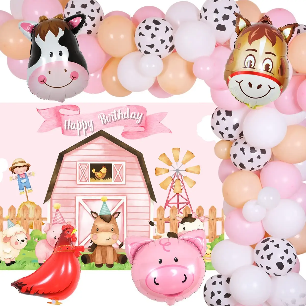 

KREATWOW Farm Animal Birthday Party Decorations for Girls Farmhouse Barnyard Party Supplies with Backdrop for 1st 2nd Birthday