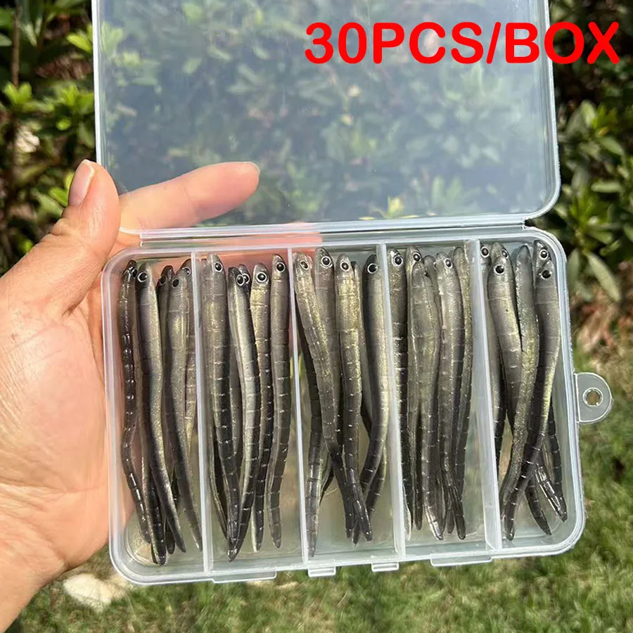 30 pièces/boîte ver doux appât artificiel carpe bar Shad Leurre 3d yeux Souple matériel de pêche Jig Wobbler pour leurres de pêche Swimbait