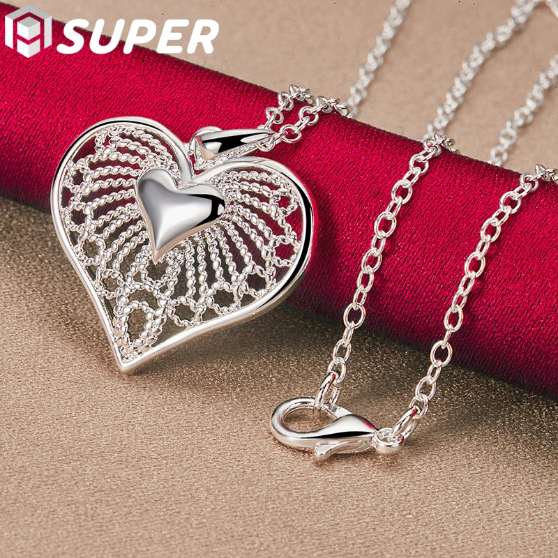 

925 Sterling Silver Hollow Heart Pendant Necklace 16-30 Inch Chain For Woman Fashion Wedding Party Charm Jewelry