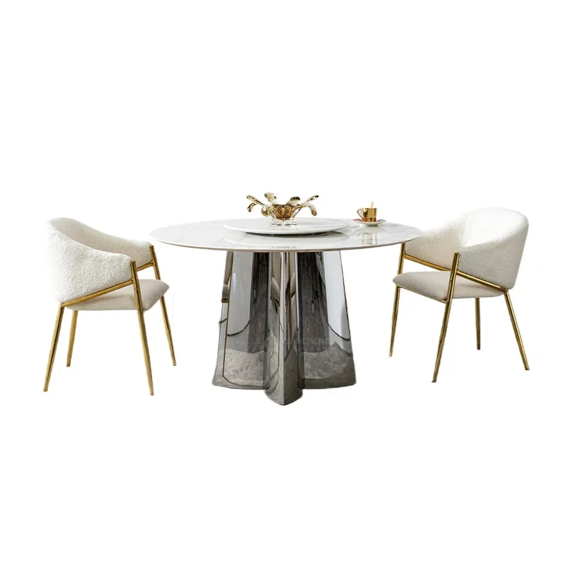 

Italian light luxury marble round dining table household small apartment with turntable modern dining table
