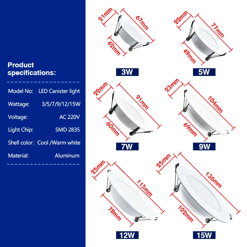 Lámpara de techo redonda empotrada, foco LED de 3W, 5W, 7W, 9W, 12W, 15W, 220V, impermeable, blanco cálido y frío