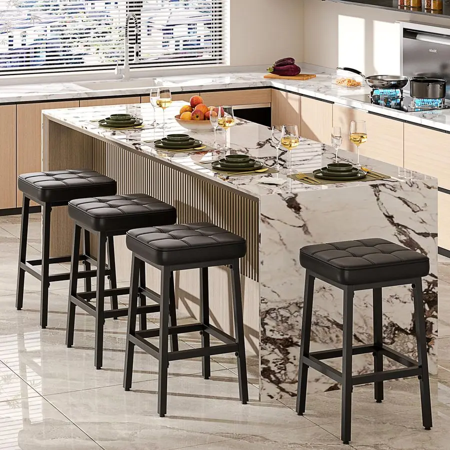

Modern Counter Height Bar Stools Set of 2, 24 PU Leather Upholstered Counter Stools with Metal Frame, Backless Square BarStools
