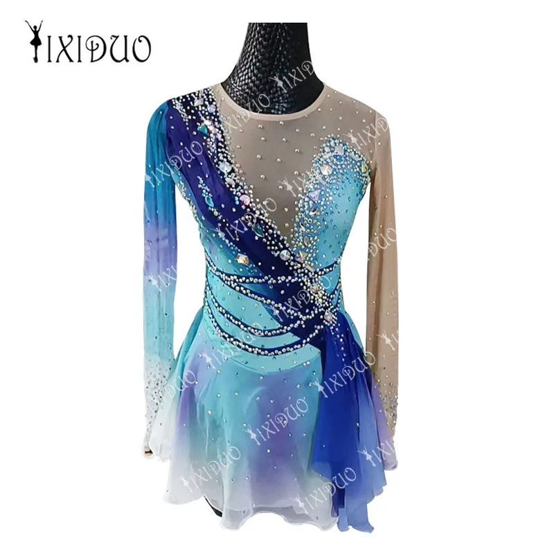 Professional Figure Skating Dress for Women\'s Girls\' Ice Skating Competition Costume Long Sleeve Outfits with Shiny Rhinestones