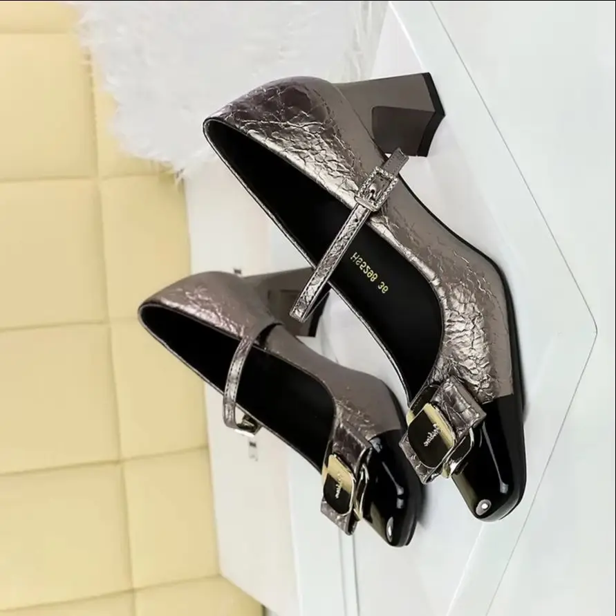 

BIGTREE модные женские туфли-лодочки с узлом-бабочкой и пуговицами на квадратном каблуке, стриптизерша с пряжкой на ремне, вечерние офисные женские туфли, Zapatos Mujer