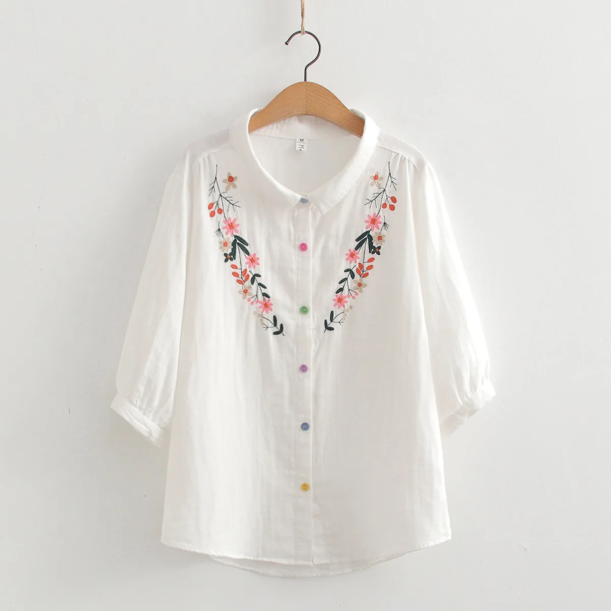 Summer Women Shirts Cotton Yarn Floral Leaves Embroider Blouses 3/4 Sleeves White Lady Tops Female Clothes Japan Style