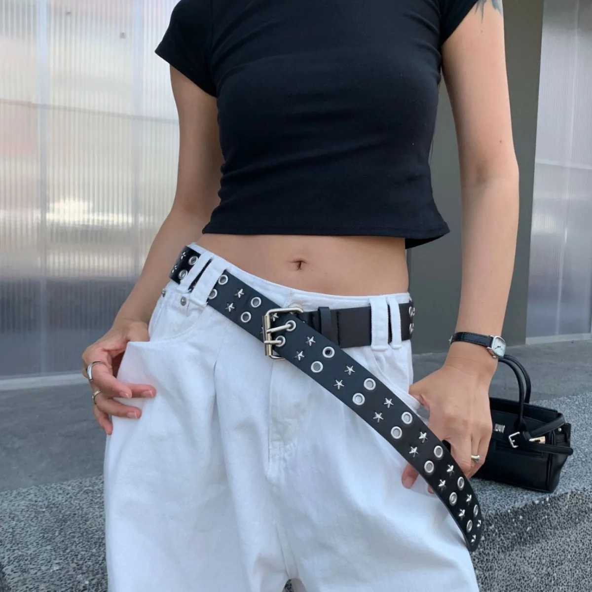 

American Hip Hop Belt for Women Wide Punk Style Black Versatile Casual Pants Belt Fashionable Rivet Detail INS Trendy Accessory