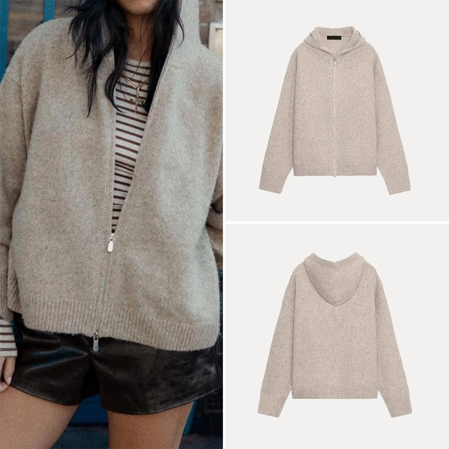 

Autumn 2025 Women's Faionable Zipper Knitted Hat Jaet Versatile Design Casual Sle Long Sve Hoodie Cardigan for Teens