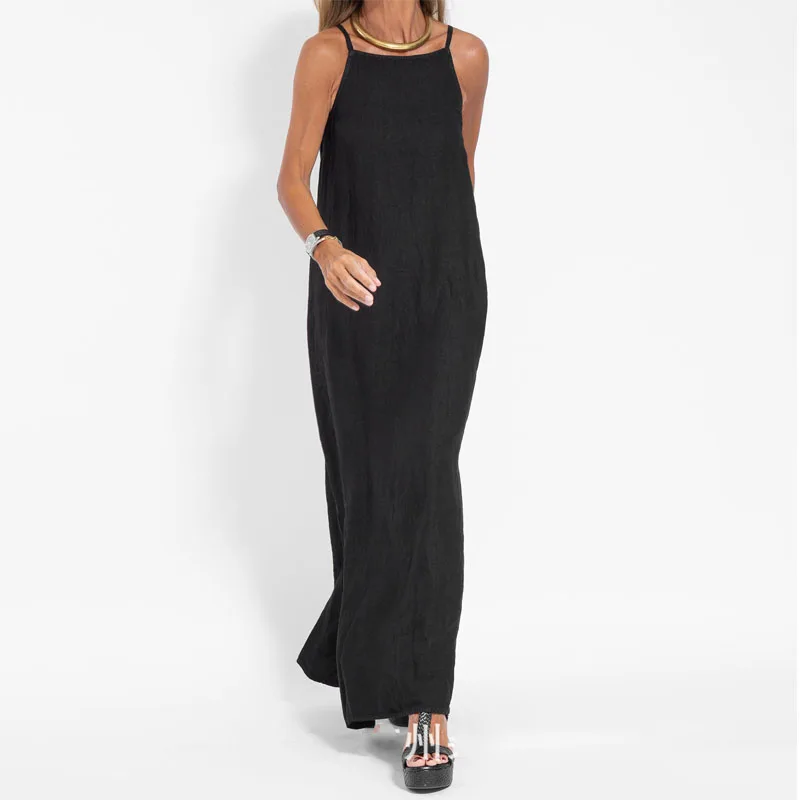Robe longue fendue en coton et lin pour femmes, vêtement sexy, longueur au sol, respirant, décontracté, plage, soirée club