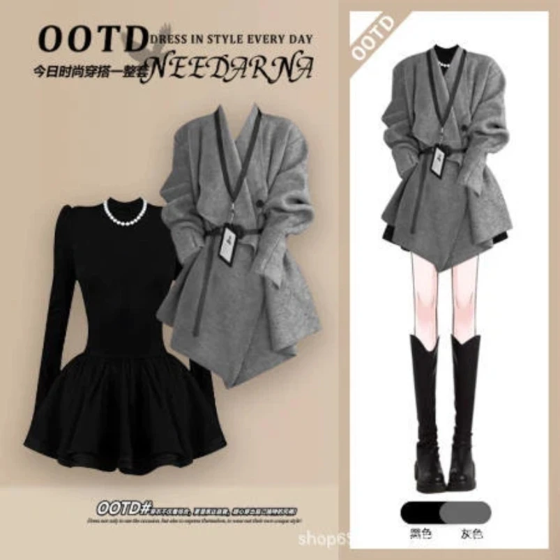 الخريف والشتاء الكورية نمط محبوك سترة سترة + فستان أسود منفوش أنيق المرأة قطعتين مجموعة #4