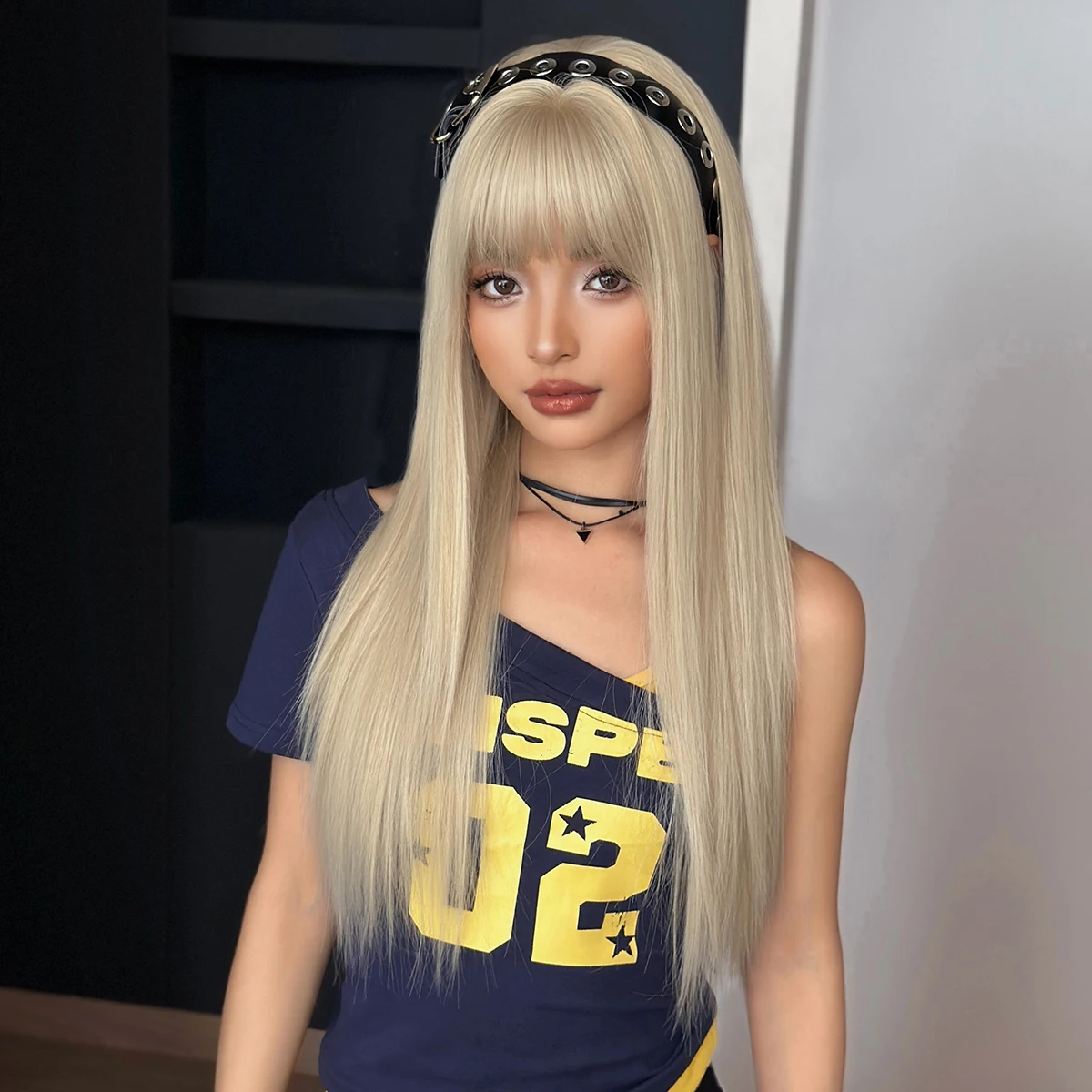 7JHH WIGS Long Straight Layered Blonde Wig for Women Synthetic Heat-Resistant Modest Fashion Wear and Go Wigs with Neat Bangs - view 3