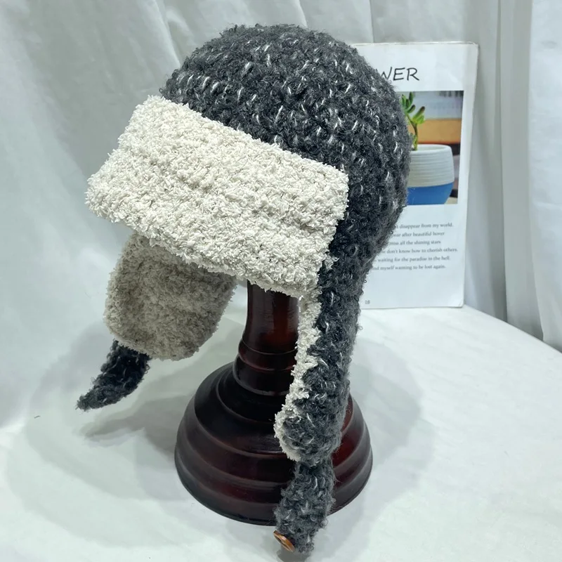 قبعات كورية محبوكة يدويًا للرجال والنساء حافظات أذن سميكة دافئة لقبعات منسوجة للشتاء #4