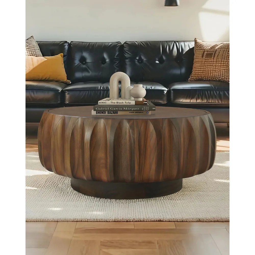 31.5 Drum Coffee Table Modern Unique Fluted Tea  Contemporary Wood Round Coffee  with Fluted Centry for Living
