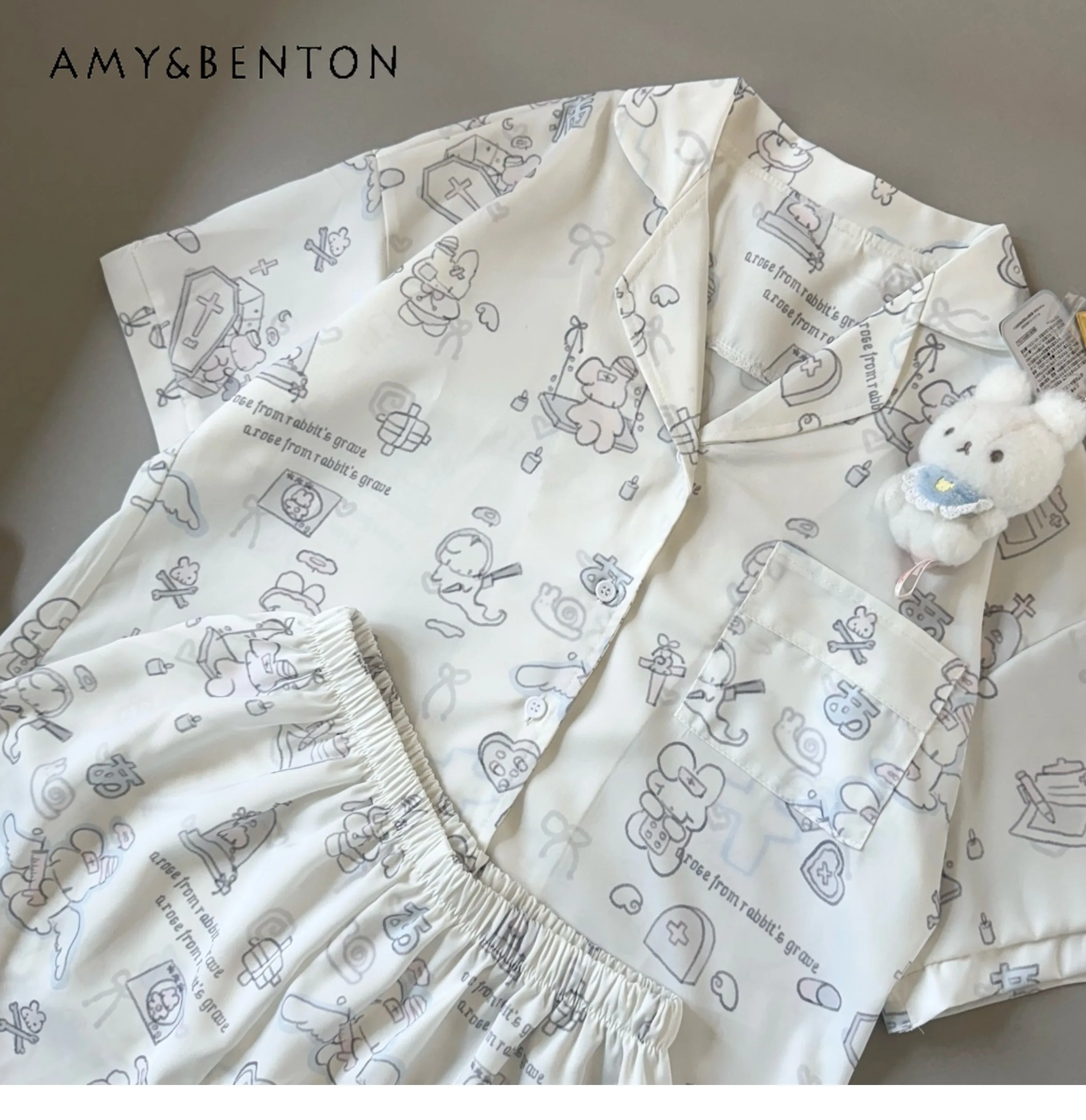 

Original Cute Cartoon Printed Pajamas Loose Casual Satin Short-sleeved Shirt Shorts Two-piece Set Summer Kawaii Sleepwear Women