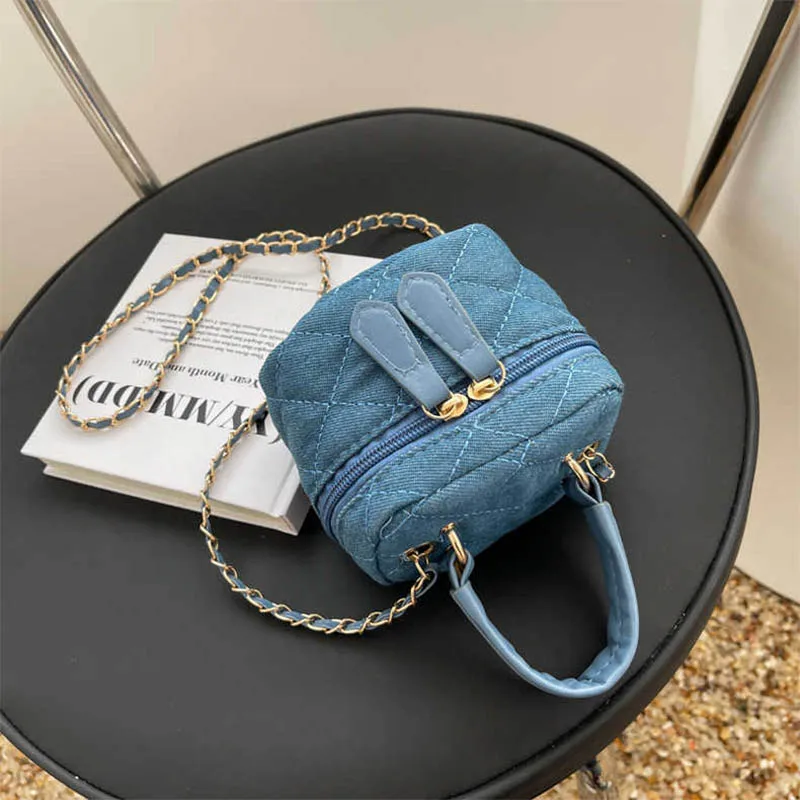 Denim Campus Unisex Light Small-Mini Diamond Check Blue Handbag Shoulder Crossbody Bags Bucket Chain Jean Women Purse