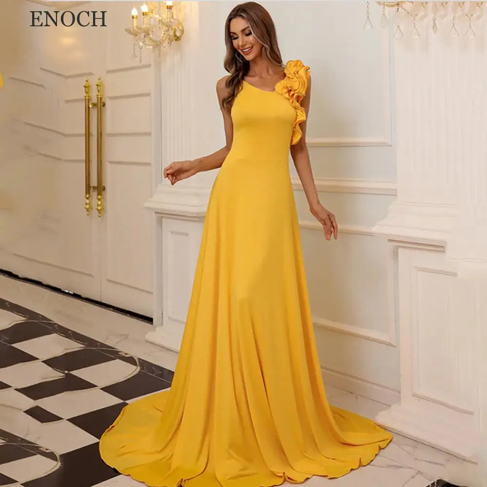 

ENOCH Elegant Ruffles A-Line Evening Dresses V-Neck Sleeveless V-Back Floor Length Sweep Train Prom Gowns فستان حفلات الزفاف