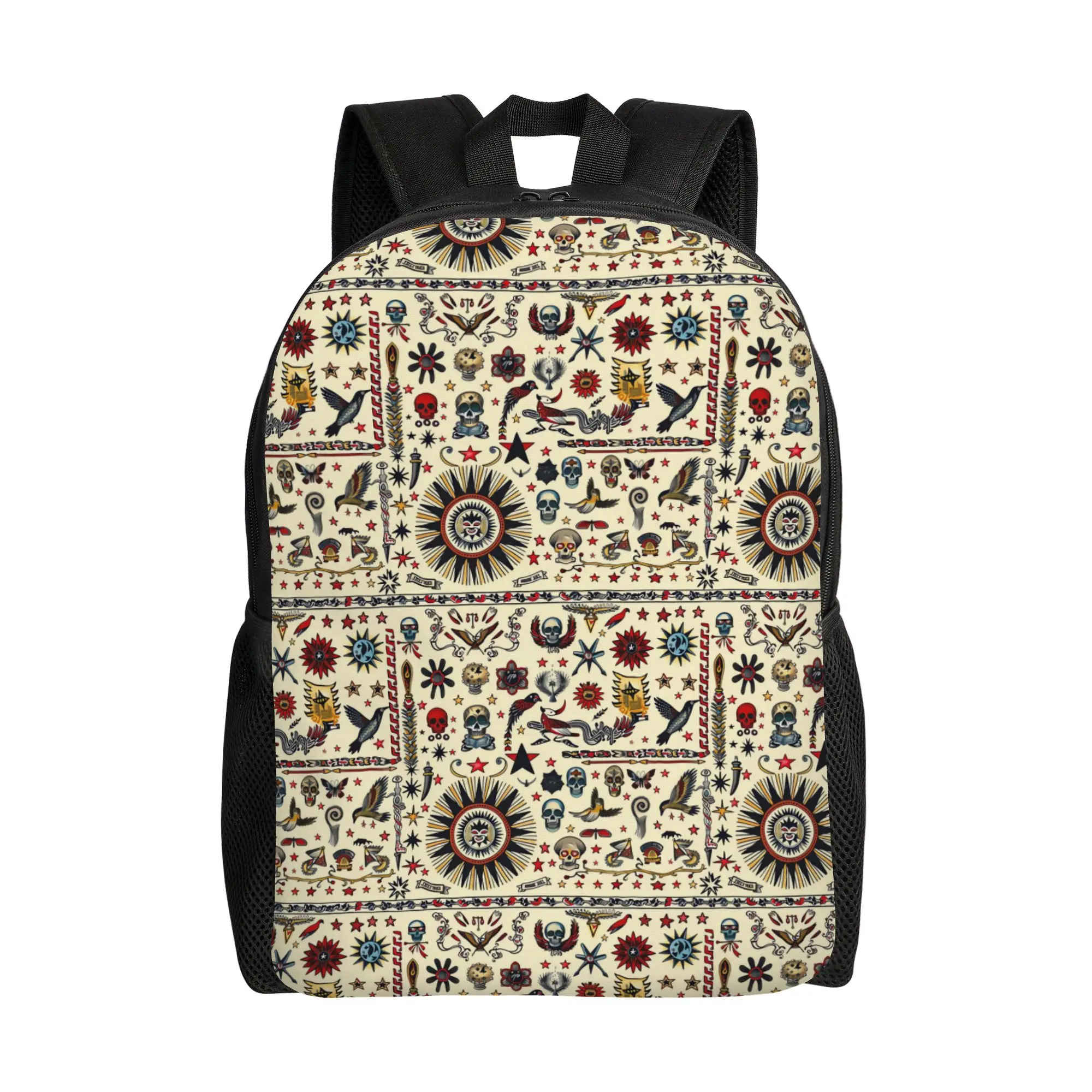 

American traditional tattoo style casual daily backpack, single main compartment design, suitable for portable carry-