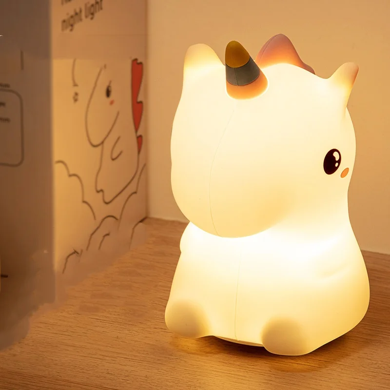 Luz LED nocturna de silicona con forma de unicornio, luz LED nocturna con carga USB, Animal de dibujos animados, decoración de dormitorio, luz nocturna táctil