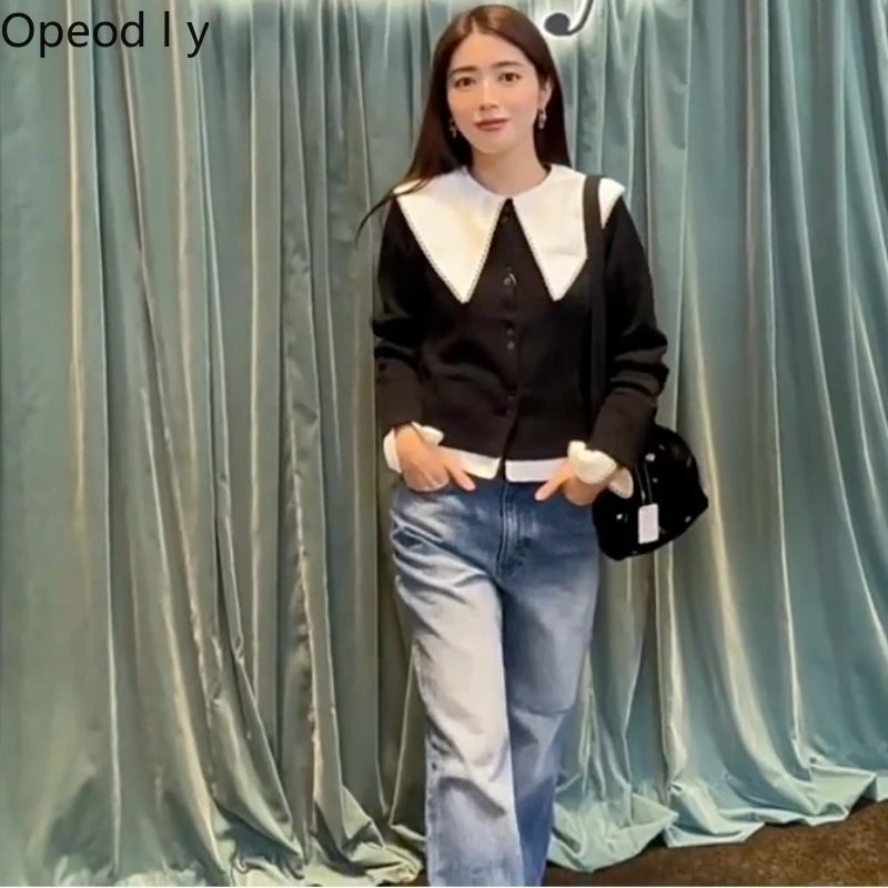 

Japanese Fashion Simple Big Neck Knitted Cardigan 2026 Spring and Autumn New Women's Long-sleeved Slim-fit Casual Sweater Jacket