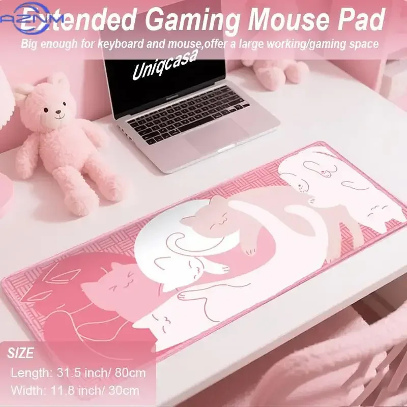 Coquette Sleep Kitten Mouse Pad, Soft Pink Stacked Cat Line Pattern Non Slip Desk Mat Gamers Office Home Keyboard Desktop Decor