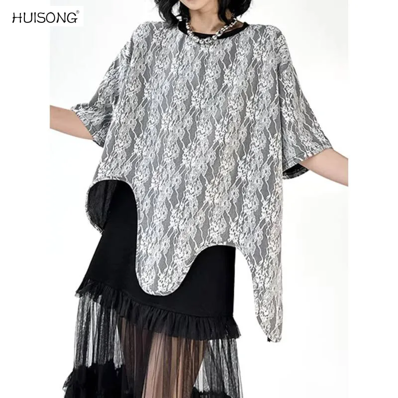 

HUISONG Women White Lace Irregular Hem Big Size Casual T-shirt New Round Neck Half Sleeve Fashion Tide Spring Summer 2025 j84z2o