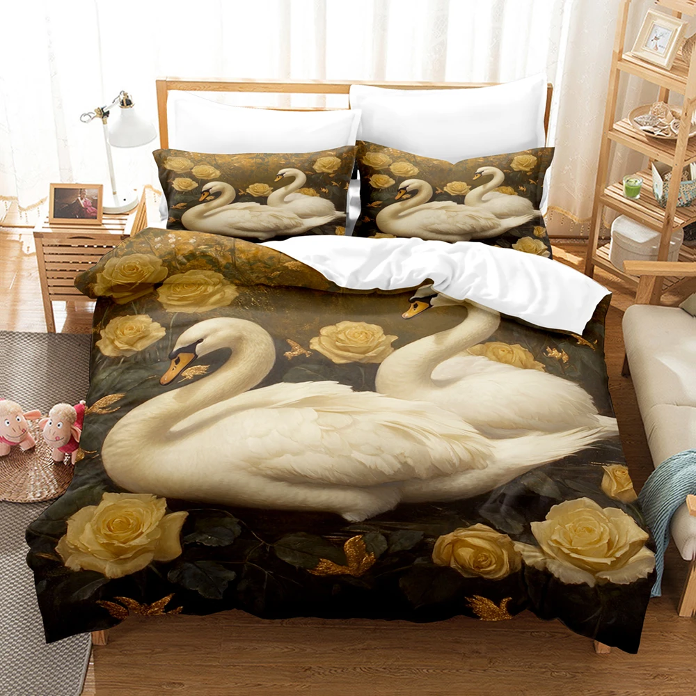 Rose Golden Swan Print Pattern Polyester Bedding Set - Soft and Comfortable,  Home Decoration,King,Queen Size,Valentine's Day