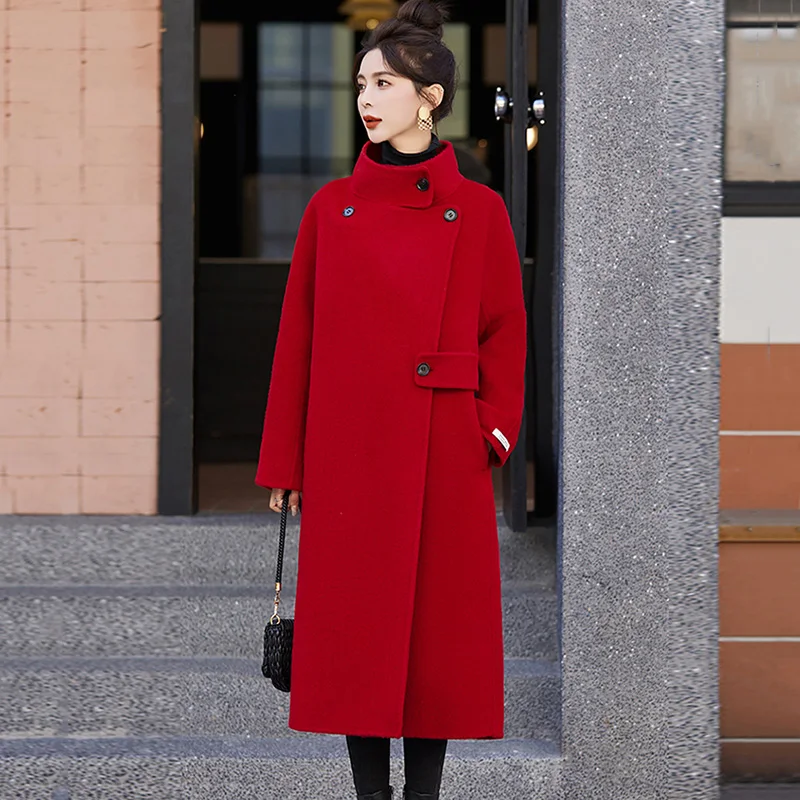 New Women Spring Autumn Elegant Long Woolen Coat Fashion Stand Collar Single Button Loose A-Straight Wool Blended Overcoat