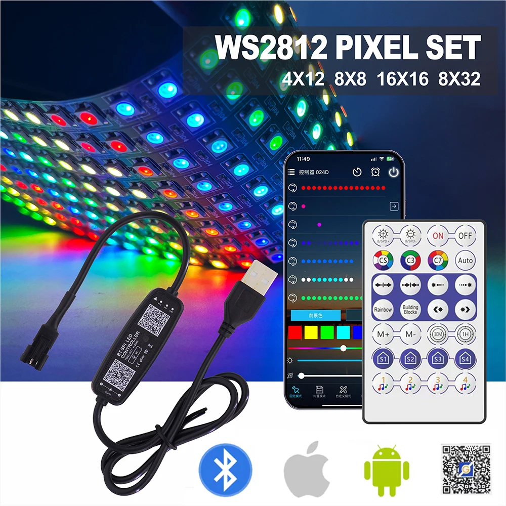 5V WS2812 LED Light Set USB Bluetooth Music 28-Key Controller Individually Addressable 8X8 4X12 16X16 8X32 Module Matrix Screen
