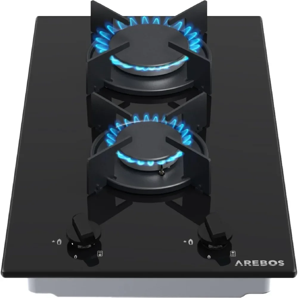 Arebos Placa de Gas Natural Cocina de Gas Vitroceramica 2 Fuegos Incluye Rejilla y piloto de Seguridad Placa Vitrocerami