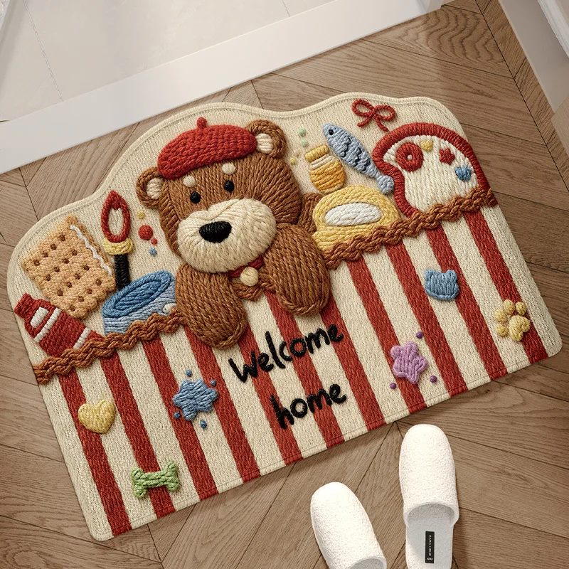 Cute Cartoon Bathroom Floor Mat, Household Wool Thread Woven Absorbent and Anti-slip Universal Mat for Bathroom and Bedroom Door