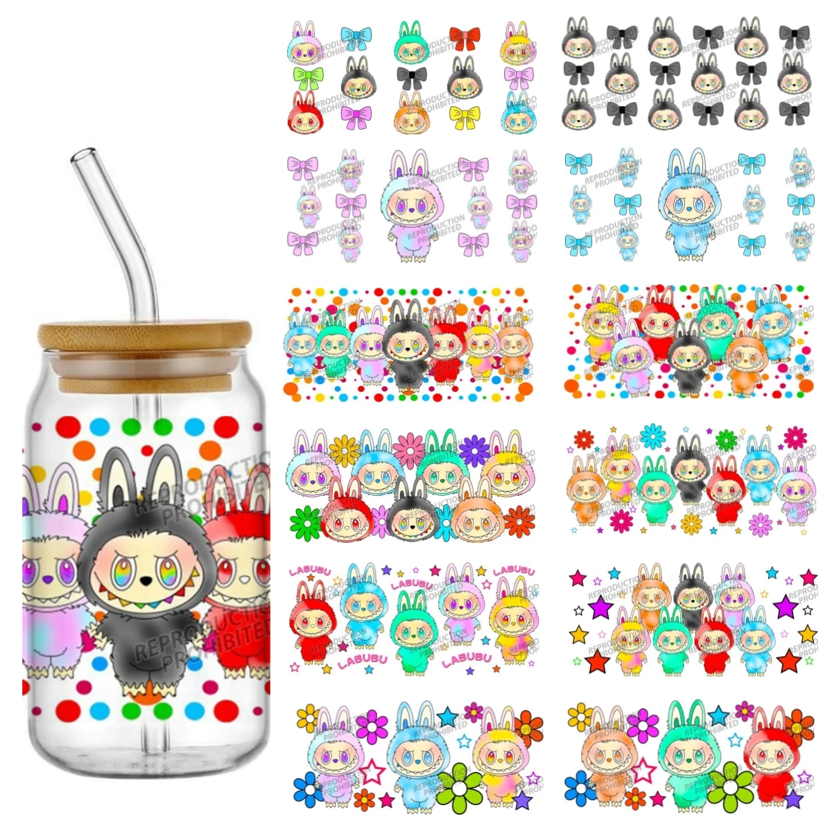 Miniso-pegatinas UV DTF de muñecos de monstruos de dibujos animados populares, listas para transferir tazas, etiquetas personalizadas, manualidades DIY para taza de lata de vidrio Libbey
