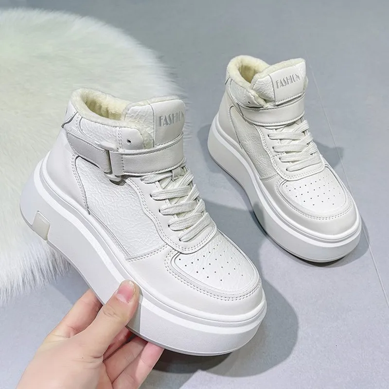 Новые белые ботинки, женские модные высокие туфли для скейтборда, женские кроссовки на платформе, удобные кожаные женские белые кроссовки на шнуровке