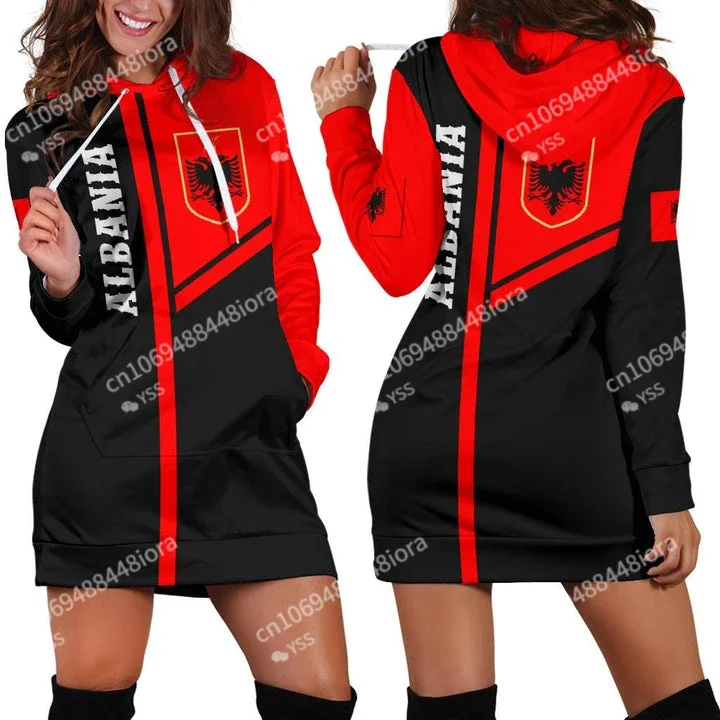 

ALBANIA Emblem Country Flag New Harajuku Novelty 3D Print Autumn Hoodies Dress Women Casual Wear Long Sleeve Hooded Dress