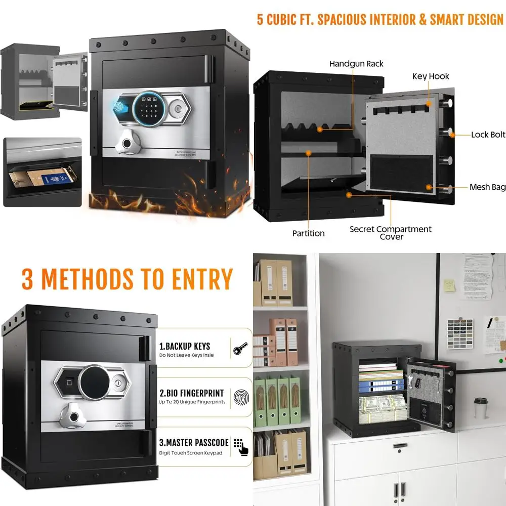 Cassaforte con serratura digitale ignifuga con accesso biometrico, cassetta di sicurezza in acciaio per la casa, ripiani regolabili e scomparti nascosti