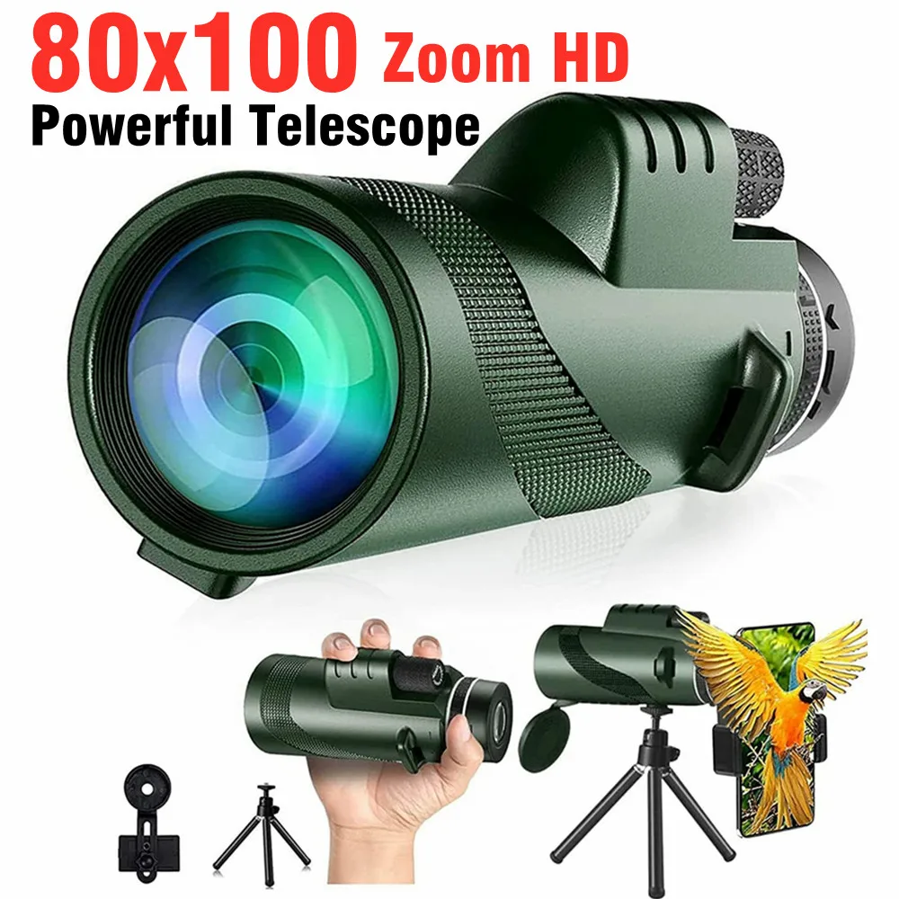 

80x100 HD Zoom Monocular Telescope Portable Powerful Binoculars Long Range Telescope For Hunting Camping With Tripod Phone Clip
