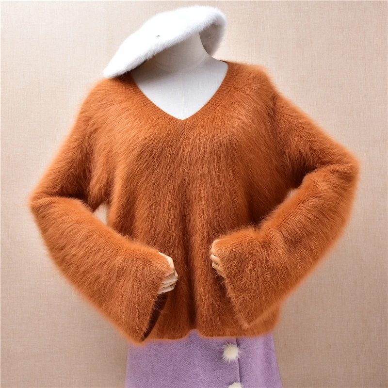 

Ladies Women Autumn Winter Fashion Hairy Mink Cashmere Knitted V-Neck Long Falre Sleeves Loose Pullover Sweater Jumper Pull Tops